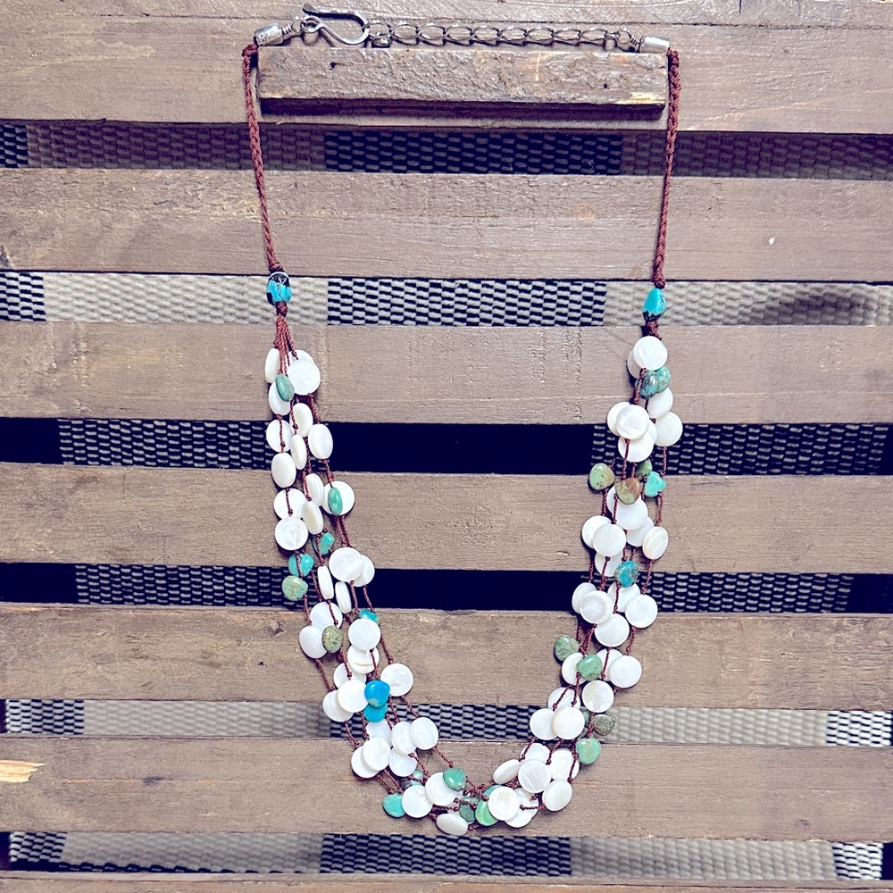 Jay King DTR great shape 925 sterling silver mop turquoise woven cotton necklace